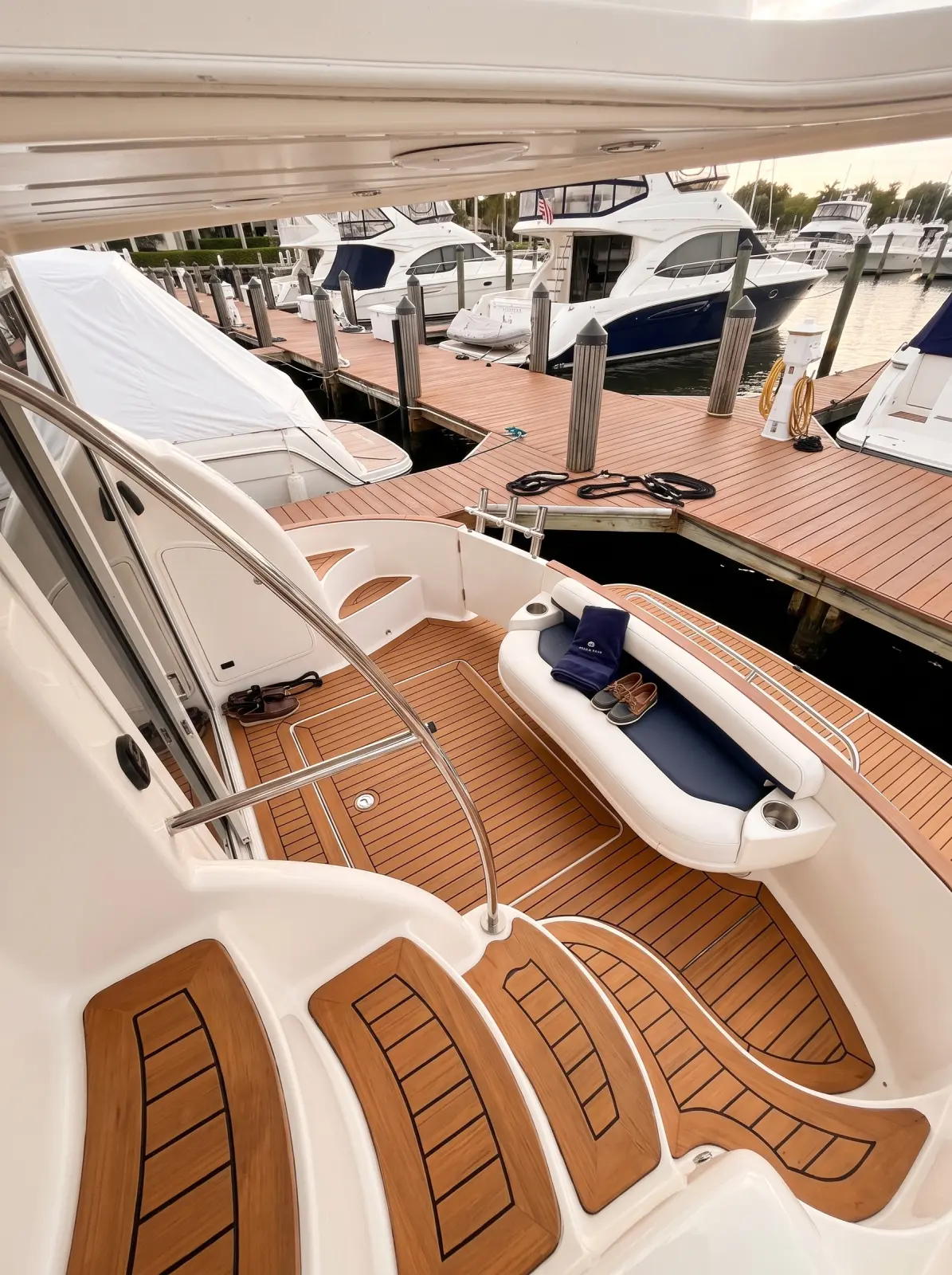 The teak aft deck of the Meridian at the dock