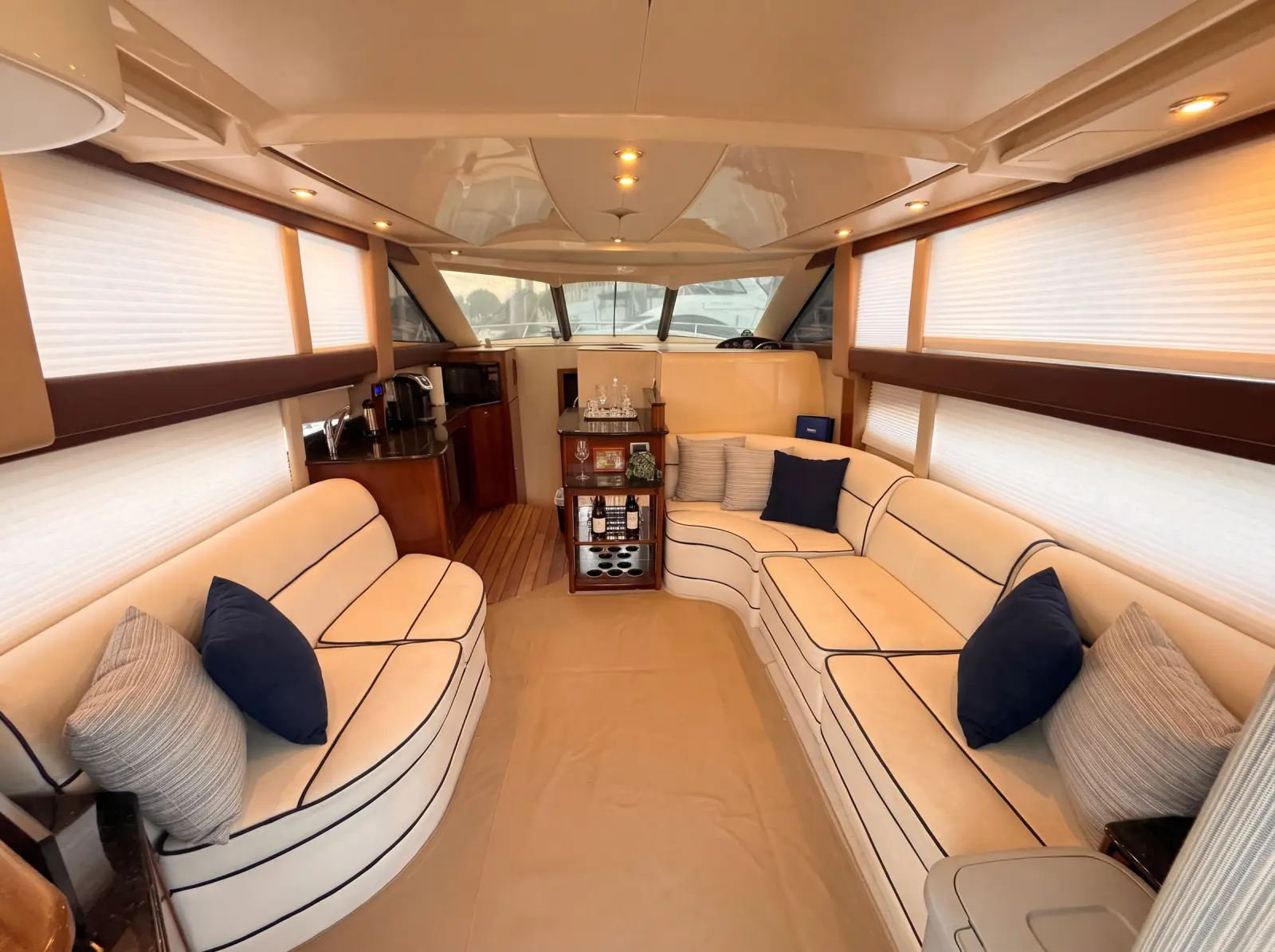 The Meridian salon, cream leather seating on both sides