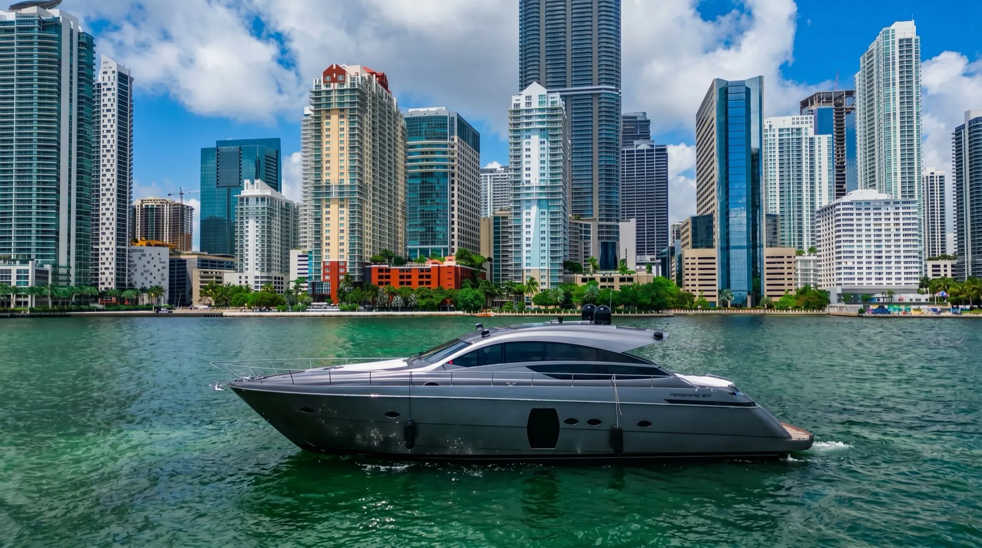 The Pershing 64 on the water off Brickell